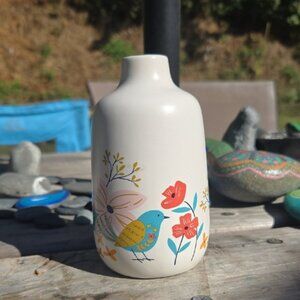 Karma Ceramic Bud Vase with Colorful Bird and Floral Design
